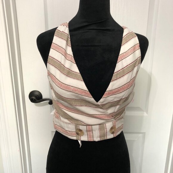 B.O.G. Collective Striped Halter Crop Top Beige & Red Small Viscose/Linen NWT - Picture 2 of 8